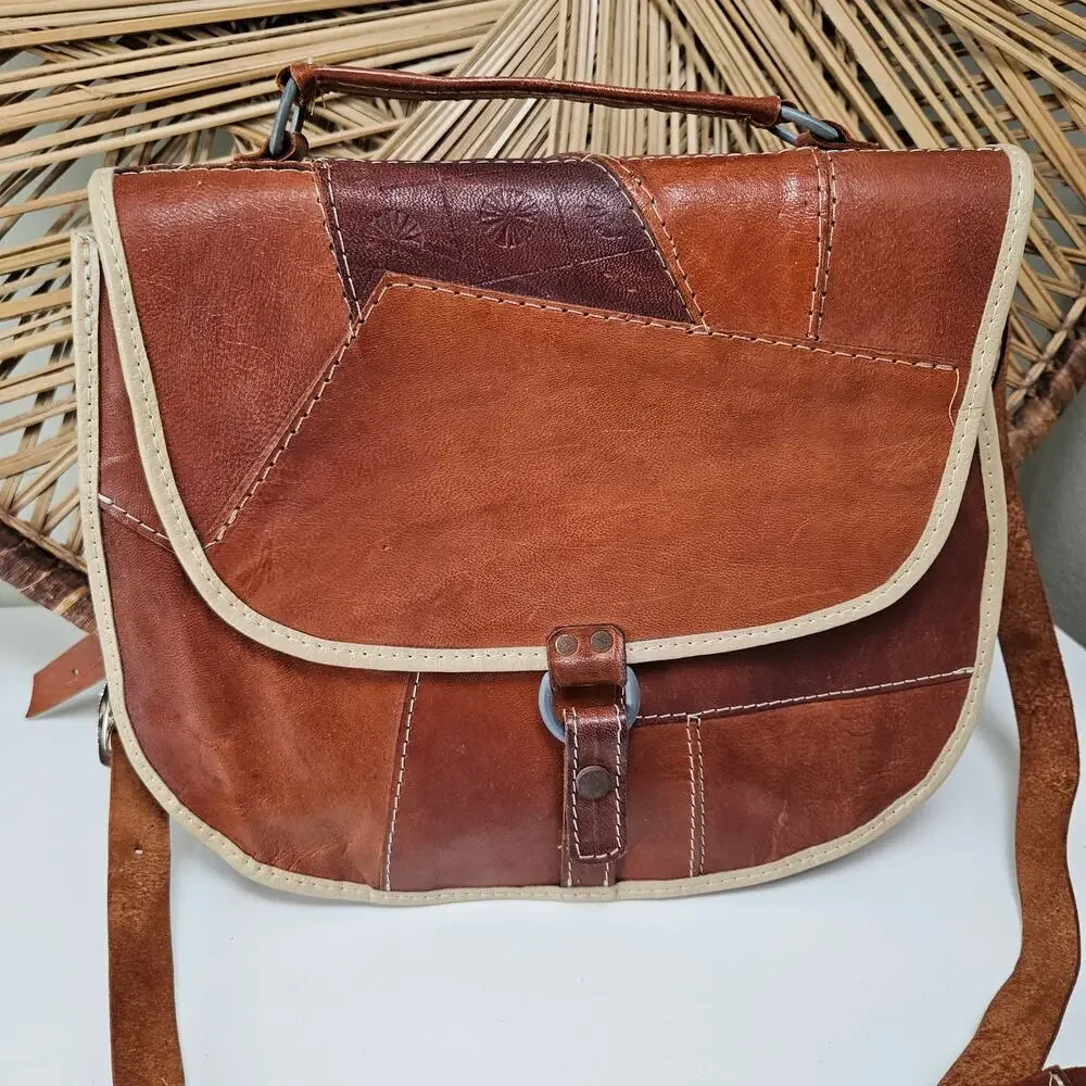 Leather Patchwork Tooled Saddle Bag Brown Cognac Purse‎ Messenger Crossbody